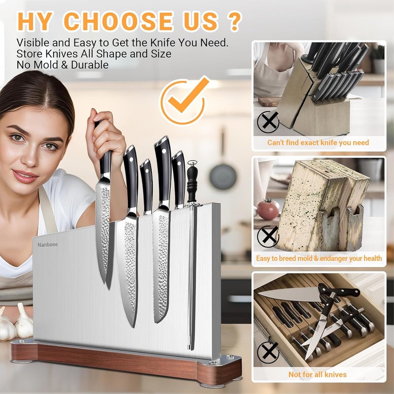 Nanbone Magnetic Knife Block Without Knives Large Double Side Magnetic Knife Holder Stand with Strong Magnet, Stainless Steel Knife Storage Organizer for Kitchen Counter Knife Rack Three Magnet Strip - Image 5
